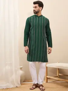 House of Pataudi Striped Embroidered Mandarin Collar Straight Kurta