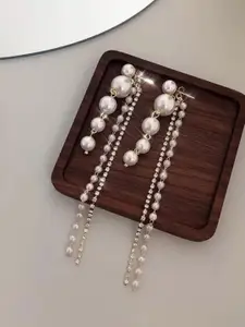 Celestique Korean Gold Plated Pearls Studded Contemporary Drop Earrings