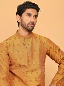 Anouk Mustard Woven Design Jacquard Mandarin Collar Silk Kurta
