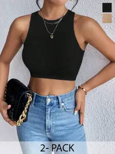 BAESD Women Pack of 2 Ripped Round Neck Sleeveless Crop Top