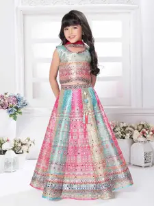 BAESD Girls Printed Round Neck Sequinned Ready to Wear Lehenga & Blouse With Dupatta