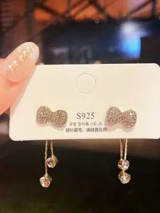 Celestique Artificial Stone Studded Contemporary Bowknot Tassel Sweet Drop Earrings