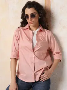 High Star Women Comfort Fit Spread Collar Solid Cotton Casual Shirt