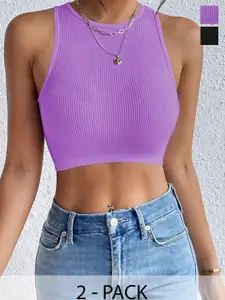 TOOCHKI Women Pack Of 2 Ribbed Round Neck Fitted Tops