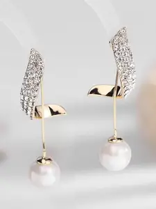 Celestique South Korea Stones Studded And Pearls Beaded Contemporary Shaped Drop Earrings