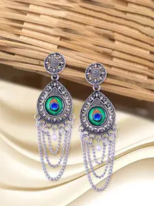 Anouk Rhodium-Plated Geometric Shaped Oxidised Drop Earrings