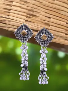 Anouk Rhodium-Plated Geometric Shaped Oxidised Drop Earrings