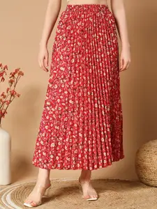 ZWERLON Floral Printed Pleated A-Line Maxi Skirt