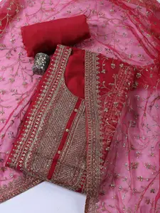 Meena Bazaar Floral Embroidered Sequinned Chanderi Unstitched Dress Material