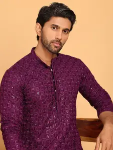 Anouk Purple Floral Embroidered Mandarin Collar Sequinned Straight Kurta