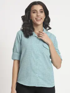 ANGOORI FASHION Women Straight Fit Spread Collar Micro Checked Cotton Casual Shirt