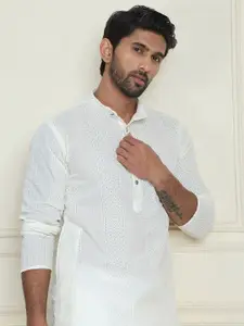 Anouk White Geometric Embroidered Chikankari Mandarin Collar Pure Cotton Straight Kurta