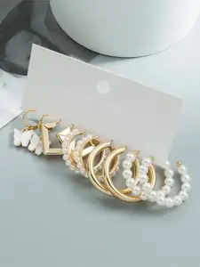 Celestique Set Of 5 Pearls Beaded Contemporary Shaped Hoop Earrings