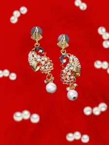 Anouk Gold Plated Stone Studded & Beaded Peacock Shaped Drop Earrings