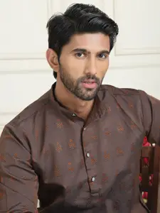 Anouk Coffee Brown Floral Jacquard Woven Design Band Collar Straight Kurta