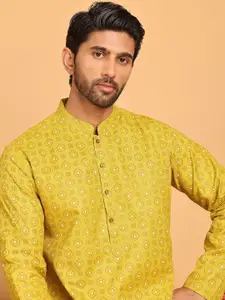 Anouk Yellow Geometric Printed Mandarin Collar Straight Kurta
