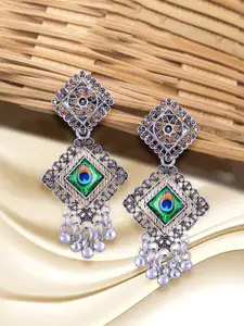 Anouk Rhodium-Plated Geometric Shaped Oxidised Drop Earrings