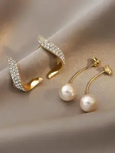 Celestique Artificial Stones Studded and Pearls Beaded Contemporary Korean Drop Earrings