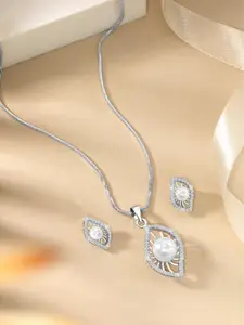 Peora Silver-Plated Cubic Zirconia Studded Chain With Earrings And Rose