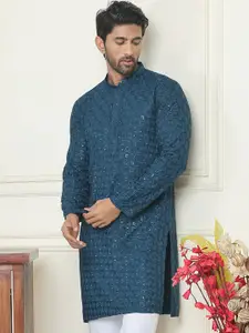 Anouk Blue Floral Embroidered Mandarin Collar Sequinned Straight Kurta