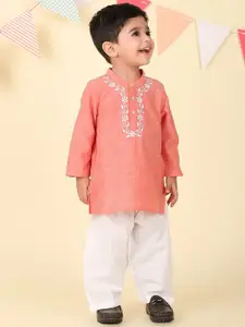 Fabindia Boys Floral Embroidered Mandarin Collar Pure Cotton Straight Kurta With Trouser
