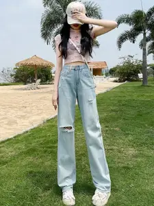 DressBerry Women Straight Fit High-Rise Mildly Distressed Light Fade Jeans