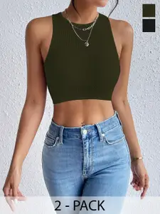 TOOCHKI Women Pack Of 2 Sleeveless Lycra Crop Tops