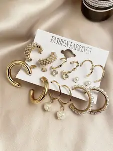 Celestique Set of 9 Gold-Plated Pearl Beaded Crescent Shaped Half Hoop Earrings