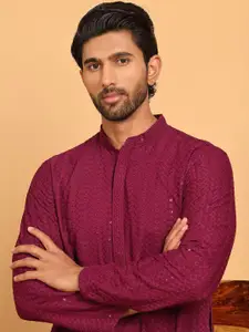 Anouk Red Geometric Embroidered Mandarin Collar Sequinned Straight Kurta