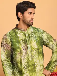 Anouk Olive Green Bandhani Printed Mandarin Collar Thread Work Straight Kurta