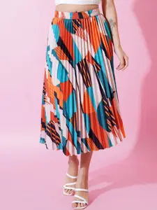 ZWERLON Women Abstract Printed Pleated Midi A-Line Skirt
