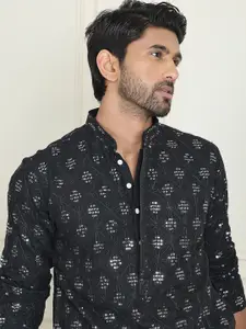 Anouk Black Geometric Embroidered Sequinned Mandarin Collar Silk Kurta