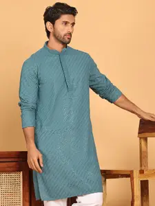 Anouk Teal Geometric Embroidered Mandarin Collar Sequinned Straight Kurta