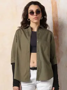 High Star Women Comfort Fit Spread Collar Solid Cotton Casual Shirt