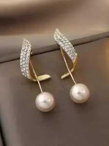 Celestique  Artificial Stones Studded And Pearls Beads Contemporary Shaped Drop Earrings