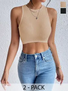 BAESD Women Pack Of 2 Ribbed Ribbed Round Neck Tops