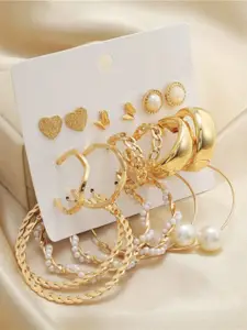 Celestique Set Of 9 Gold-Plated Artificial Stones Studded Circular Shaped Studs