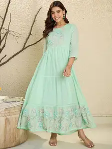 Indo Era Floral Embroidered Thread Work A-Line Pure Cotton Kurta