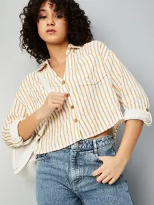 max Women Boxy Fit Spread Collar Vertical Striped Cotton Casual Shirt