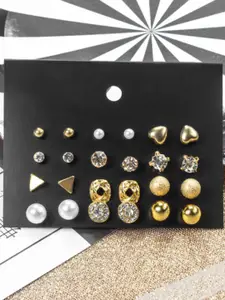Celestique Set Of 12 Gold-Plated Artificial Stones Studded Contemporary Shaped Studs
