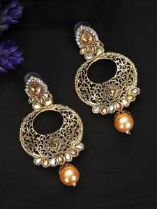 Anouk Gold-Plated Kundan Studded & Pearls Beaded Contemporary Shaped Drop Earrings