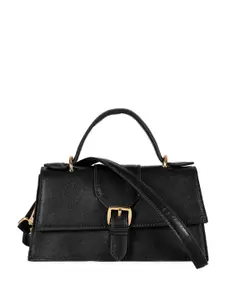 eske Women Black Textured Structured Design Buckle Closure Leather Satchel Handbag