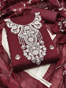 MANVAA Floral Embroidered Thread Work Chanderi Cotton Unstitched Dress Material