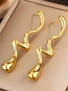 MEENAZ Stainless Steel Gold-Plated Contemporary Shaped Anti Tarnish Drop Earrings