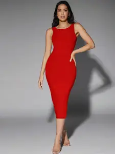 BAESD Women Solid Round Neck Sleeveless Midi Bodycon Dress