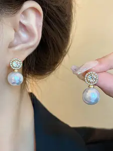 Celestique Cubic Zirconia Stones Studded & Pearls Beaded Spherical Shaped Drop Earrings