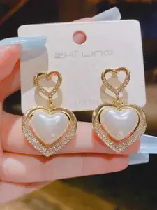 Celestique Gold-Plated Artificial Stones And Beaded Contemporary Shaped Drop Earrings