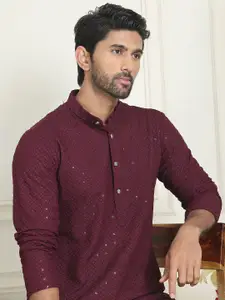 Anouk Maroon Geometric Embroidered Mandarin Collar Sequinned Straight Kurta