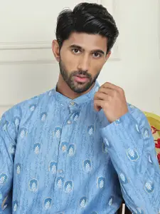 Anouk Blue Floral Printed Floral Mandarin Collar Silk Kurta