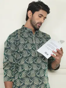 Anouk Olive Floral Woven Design Mandarin Collar Jacquard Silk Straight Kurta